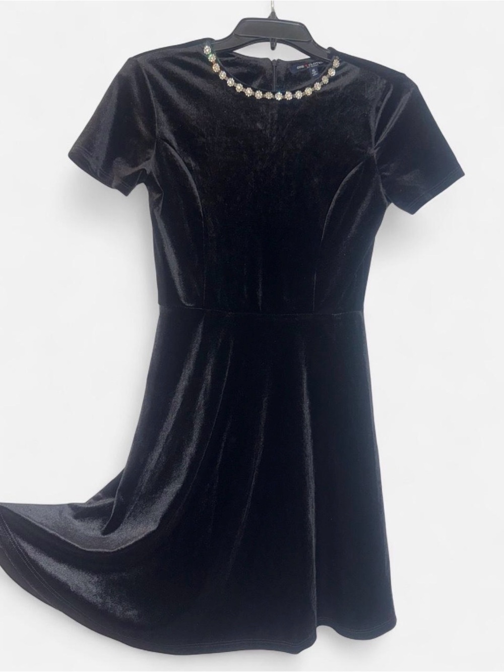 Black Velvet Short Sleeve Jewel-Neck Dress